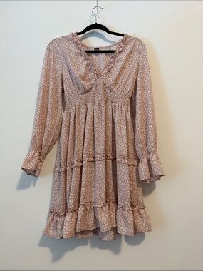 SHEIN Pink Long Sleeve Ruffle Tiered Mini Dress